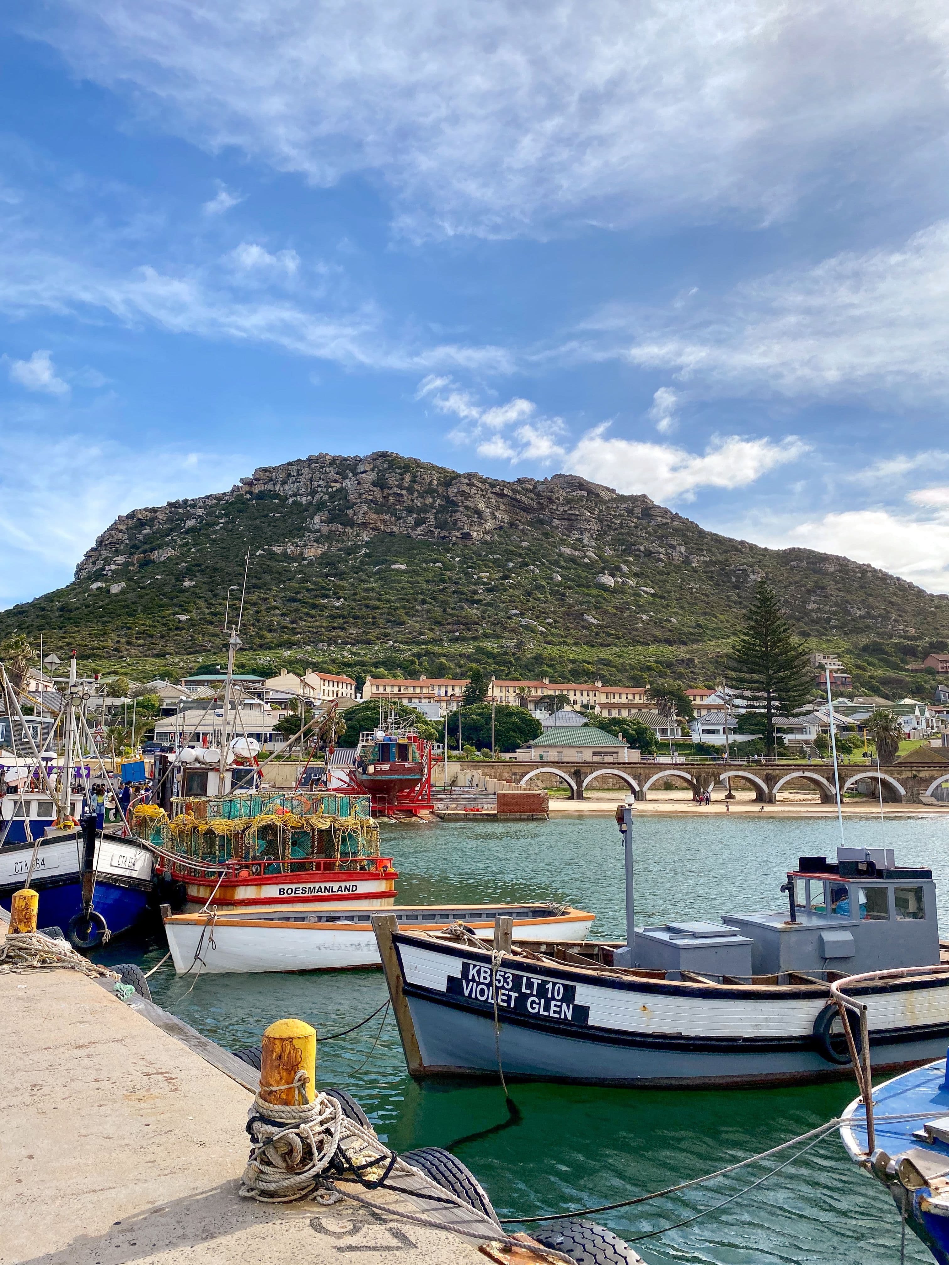 Fishing boats in Kalk Bay harbour with mountains behind