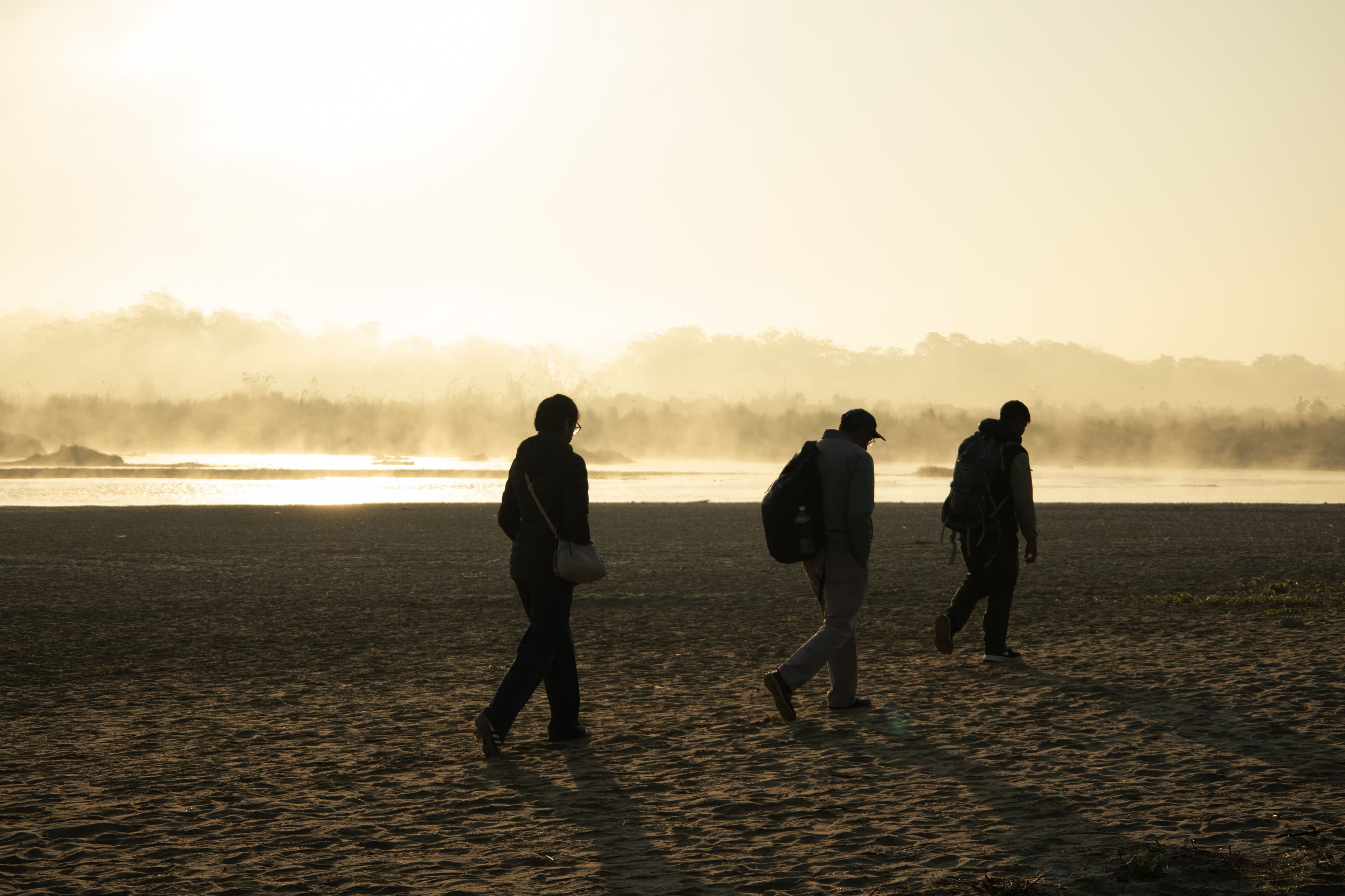 Guide and guests walking along a misty riverbed at dawn