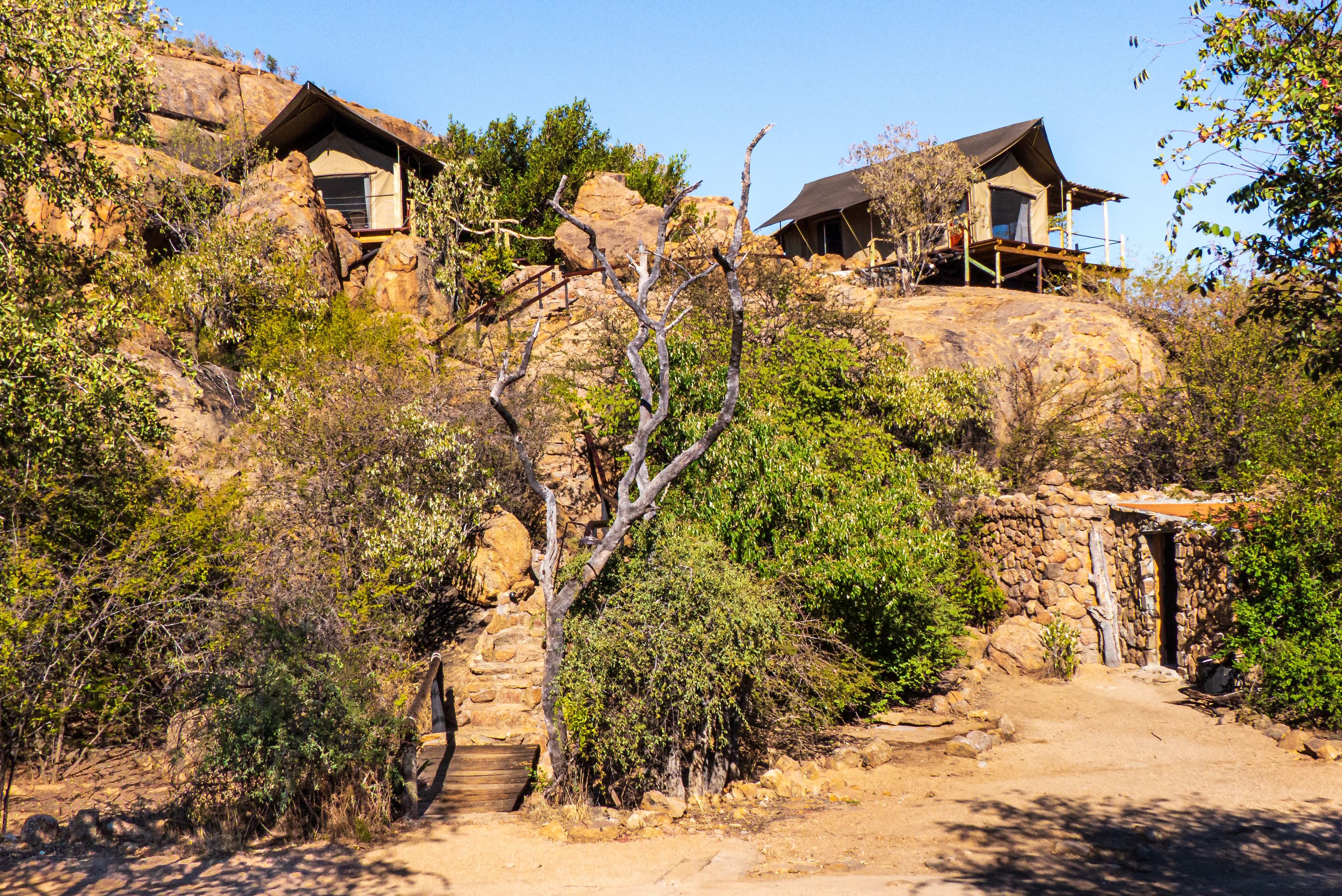 A tented camp built into a granite kopje in Matobo